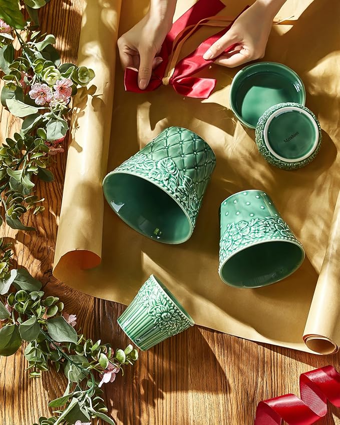Ceramic Plant Pots 3.8+4.9+5.8 Inch Set of 3 Flower Pots with Drainage Hole &amp Saucer Embossed Planter Pots for Indoor Plants Home Decor Green