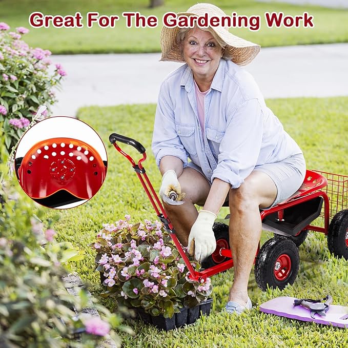 Vasitelan Rolling Garden Work Seat with WheelsGardening Stool for Planting 360 Degree Swivel Seat Garden Scooter with Steering Handle &amp Tool Tray (Red)