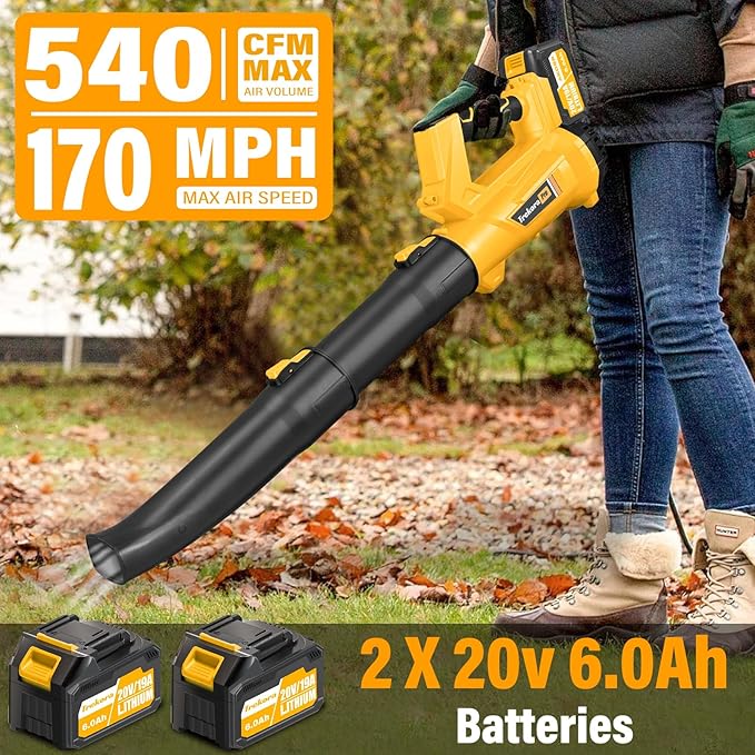Leaf Blower Cordless20V Electric Blower with 2 6.0Ah Batteries and 1 Hour Fast Charger540CFM 170MPH Lightweight Leaf Blower for Patio CleaningLawn CareBlowing Fallen Leaves and Dustetc.
