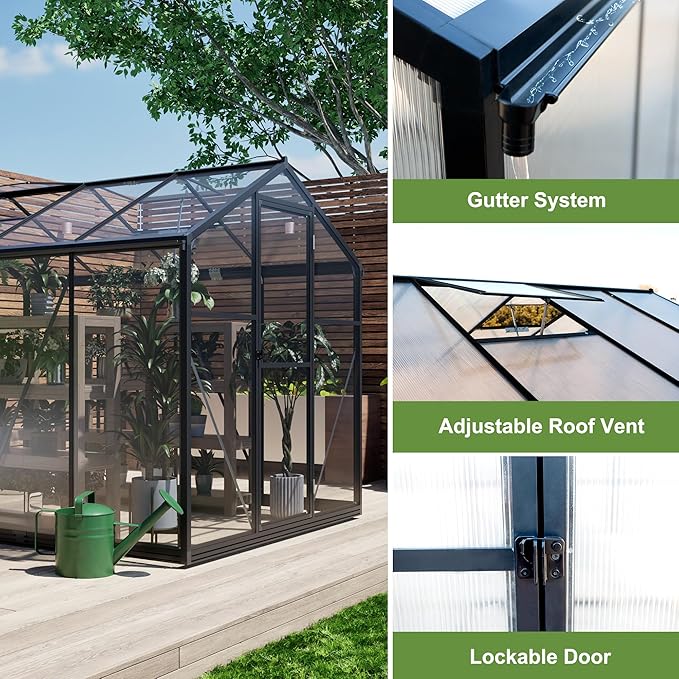6.2x12.4FT Greenhouse for OutdoorsPolycarbonate Heavy Duty Greenhouse Large Winter Proof Walk-in Green House Aluminum Frame greenhouses for Outdoors Heavy DutyBlack