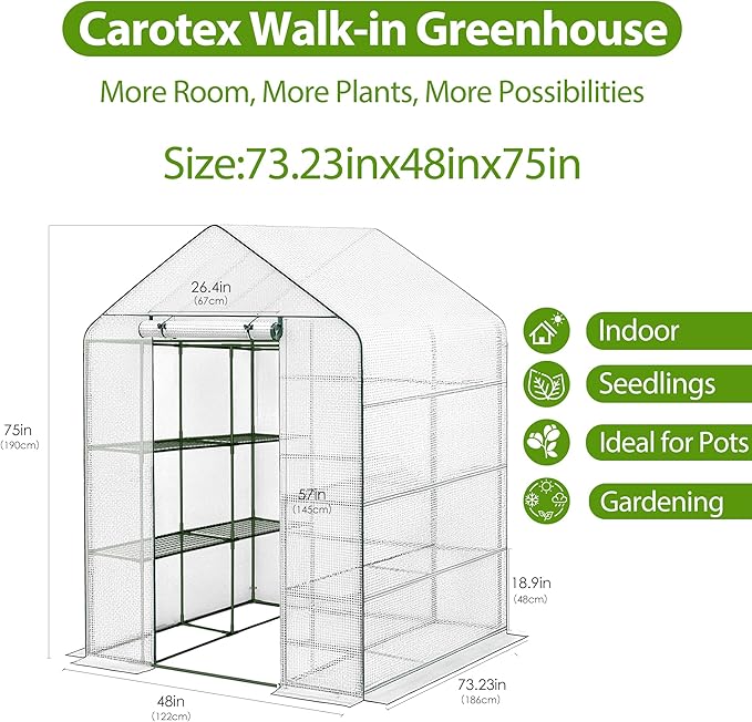 Walk-in Greenhouse 48 x 73 x 75 Inch Outdoor Plant Green House with 3 Tiers 12 Shelves Heavy Duty Steel Frame &amp Thicken PE Cover Portable Greenhouses for Balcony Patio Deck Gardening