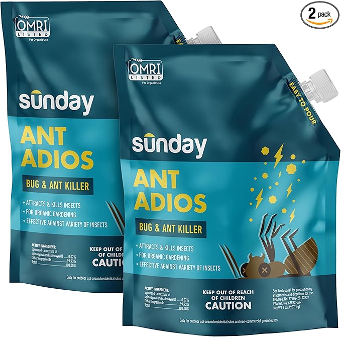 Sunday Ant Adios - Bug &amp Ant Killer - Outdoor Insect Control Uses Spinosad to Eliminate Ants Earwigs Cutworms &amp More - Treats 4000 sq ft - Results in 3-14 Days - 2 Pack 2lbs