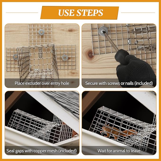 2Sets One Way Squirrel Door Excluders 3 × 3 × 9inch Animal Excluder Cage Humane Squirrels Chipmunks Contactless Excluder for Outdoor Spaces Like Attics Chimneys - Includes Full Installation Kit