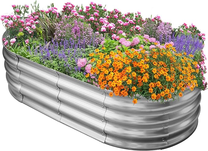 HGD Galvanized Raised Garden Bed for Outdoor: 4X2X1ft Durable Metal Vegetable Plant Container Kit - Oval Planter Box for Gardening Flower Trough