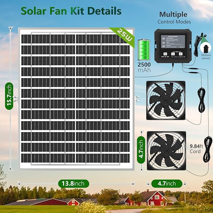 25W Solar Fan for Chicken Coop with Battery Solar Exhaust Fan for Shed &amp Greenhouse 3 Modes Controller (Continuous/Timer/Motion Sensor) Solar Powered Fan for Intake or Exhaust Vent Cooling (Bla