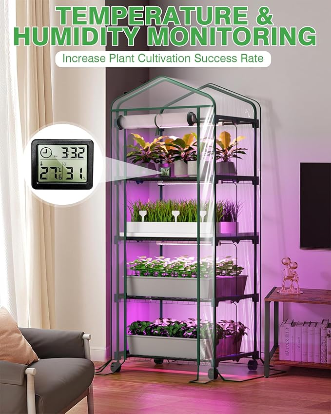 PYY Mini Indoor Greenhouse with Grow Light - Small Portable Outdoor Plant Green House Cabinet with Wheels Thermometer PVC Tent Cover 4 Dimmable 3 Color 2FT 36W LED Kit 4 Tier Gardening Shelves