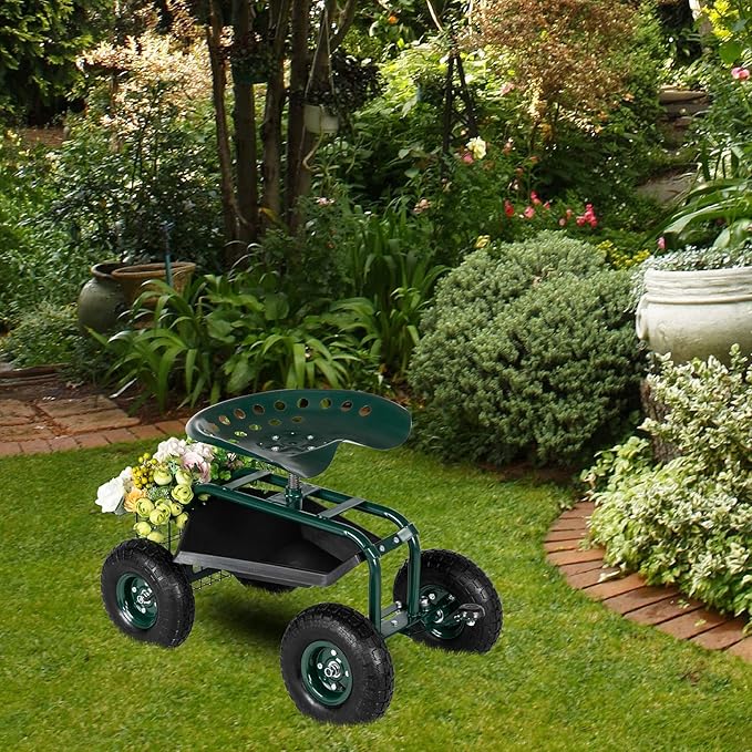 Rolling Garden CartGarden Cart Gardening WorkseatPatio Wagon Scooter Lawn Yard Patio Work Seat Gardening Stool Cart with Short Handle for Planting