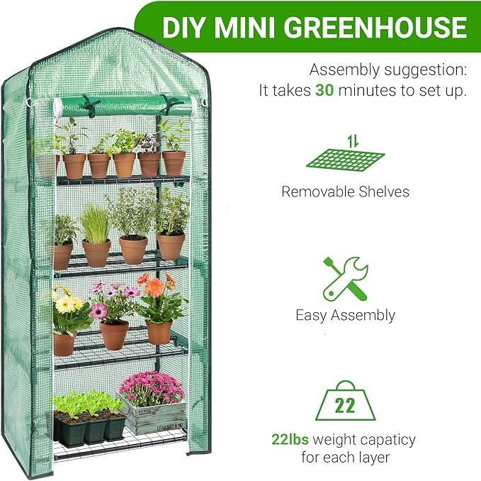 4-Tier Mini Greenhouse Indoor Outdoor with PE Cover and Roll-Up Zipper Door Portable Waterproof Cloth Greenhouse Tent Grow Seeds &amp Seedlings 27.17X19.29X63''Green