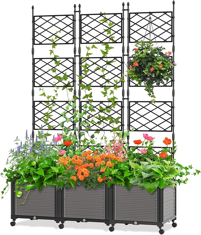 DoCred 63 H Raised Garden Bed Planter Box with Trellis Floorstanding Vertical Horticulture Planter Box Tomato Cage with Wheels for Vine Climbing Plants Flowers Herbs
