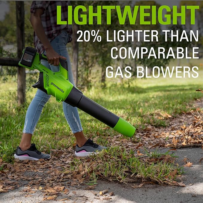 Greenworks 48V (24V x 2) Cordless Brushless Axial Leaf Blower (140 MPH / 585 CFM / 200+ Compatible Tools) (2) 4.0Ah Batteries and Dual Port Rapid Charger Included
