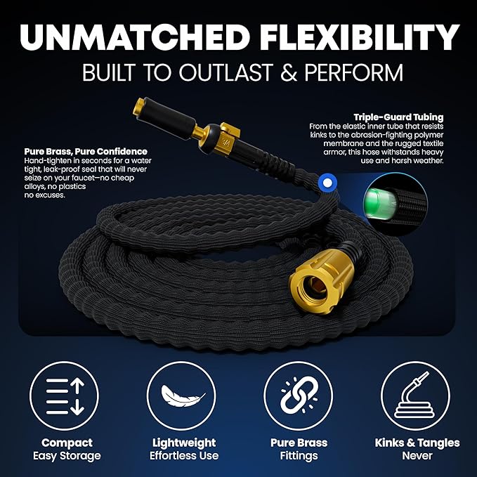 TITAN Flexible Garden Hose 30FT – Ultra Lightweight Heavy Duty Water Hose with Brass Fittings &amp Jet Nozzle – Kink-Free Non-Expanding Durable Fabric Hose for Yard Lawn Car Wash Outdoor Use
