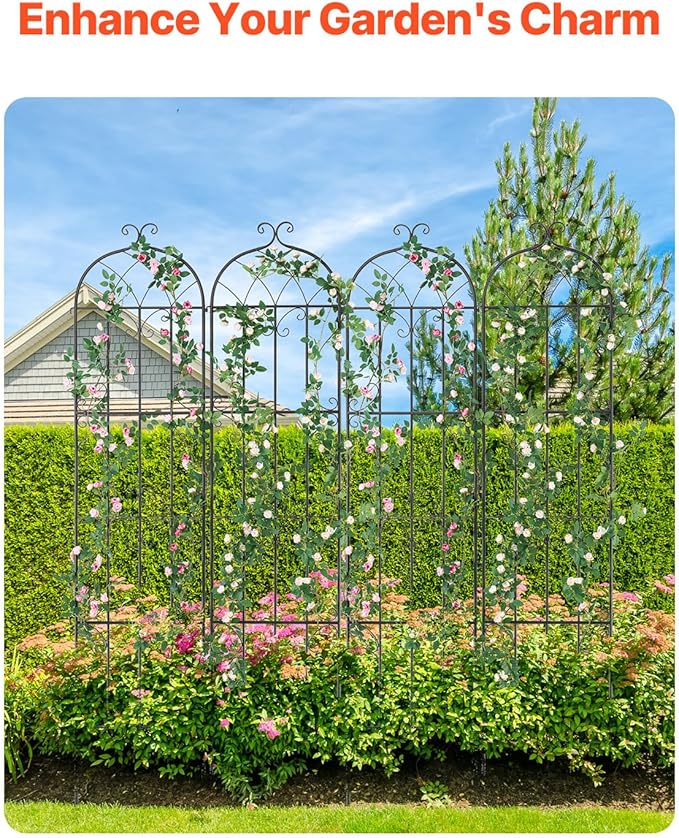Happybuy Garden Trellis 87 x 20 in 4 Packs Rustproof Metal Garden Flower Trellis Outdoor Climbing Rose Cucumbers Support Decorative Clematis Trellis for Courtyards Lawns