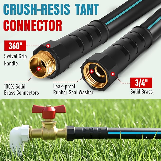 Heavy Duty Garden Hose 100 ft NON-EXPANDABLE Water Hose with 10 Function Spray Nozzle Lightweight Kink-less Hybrid Hose with Swivel Handle Male to Female Fittings