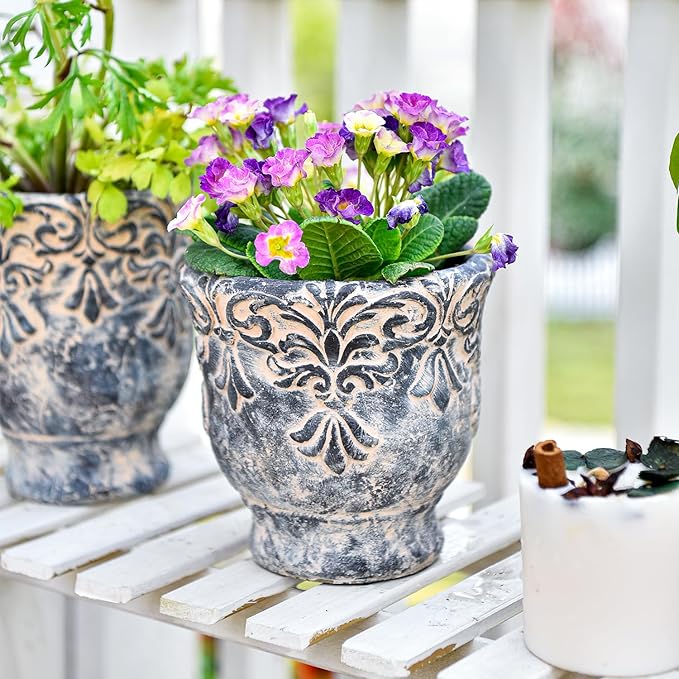 Sungmor 6.1 Inch Cement Plant Pot for Plants Succulent Planter with Embossed Design Vintage Concrete Flowerpots with Drainage Hole Decorative Orchid Houseplant Pot Indoor Outdoor Plant Container
