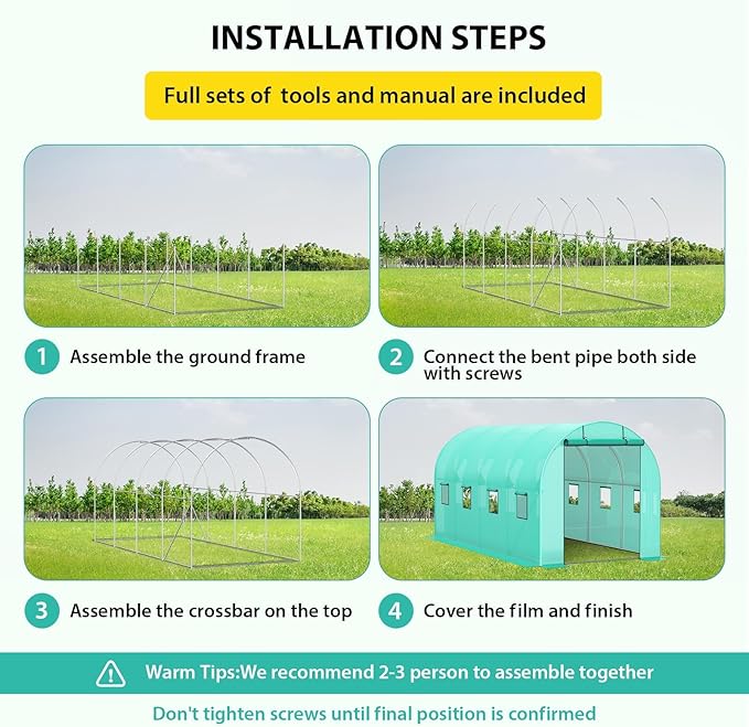 7*15*7FT Walk-in Greenhouse Portable Walking in Tunnel Tent Walking in Tunnel Tent with Galvanized Pipe Roller Zippered Door &amp 8 Screen Windows Greenhouses for Outdoors (Bottom widening Design