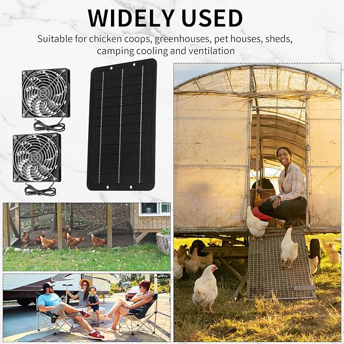 Riakrum Solar Powered Fan Solar Panel Dual Fans Kit 10w 12v Exhaust Fan Outdoor Waterproof for Greenhouse Chicken Coop Pet House Sheds Window(2 Set)