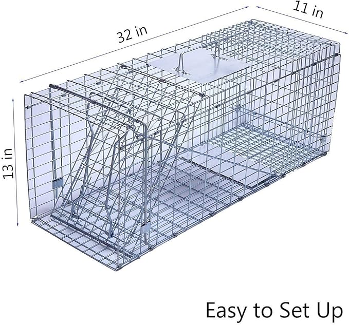 Faicuk Large Collapsible Humane Live Animal Cage Trap for Raccoon Opossum Stray Cat Rabbit Groundhog and Armadillo 32 x 11 x 13 Inch