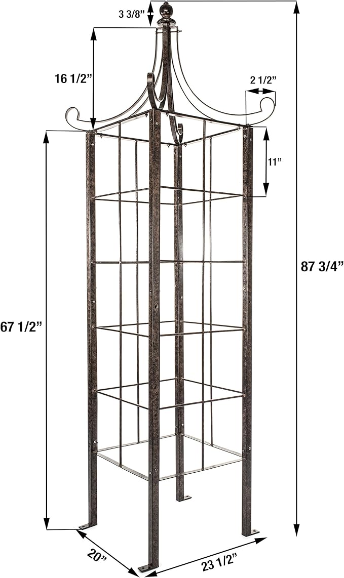 H Potter Garden Obelisk Trellis 7.5 FT Tall — 77-Lb Heavy Duty Iron for Climbing Roses Clematis Jasmine — Decorative Finial Ground Spikes Included Freestanding