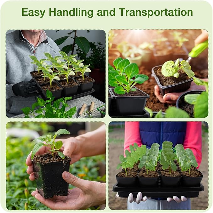 50Pcs 3.5inch Square Nursery Pots with 5Pcs Seed Starting Trays Seed Starter Tray Kit Seeds Starting Germination Seeding Pots with Drain Holes Small Plant Nursery Propagation