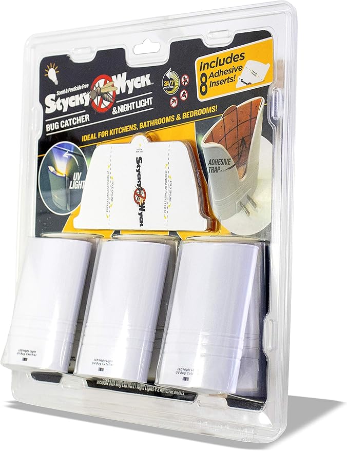 Flying Insect Trap Night Light LED Bug Catcher (Multi-Pack) - Plug in Bug Catcher Captures Houseflies Fruit Flies and Gnats - Adhesive Inserts Included