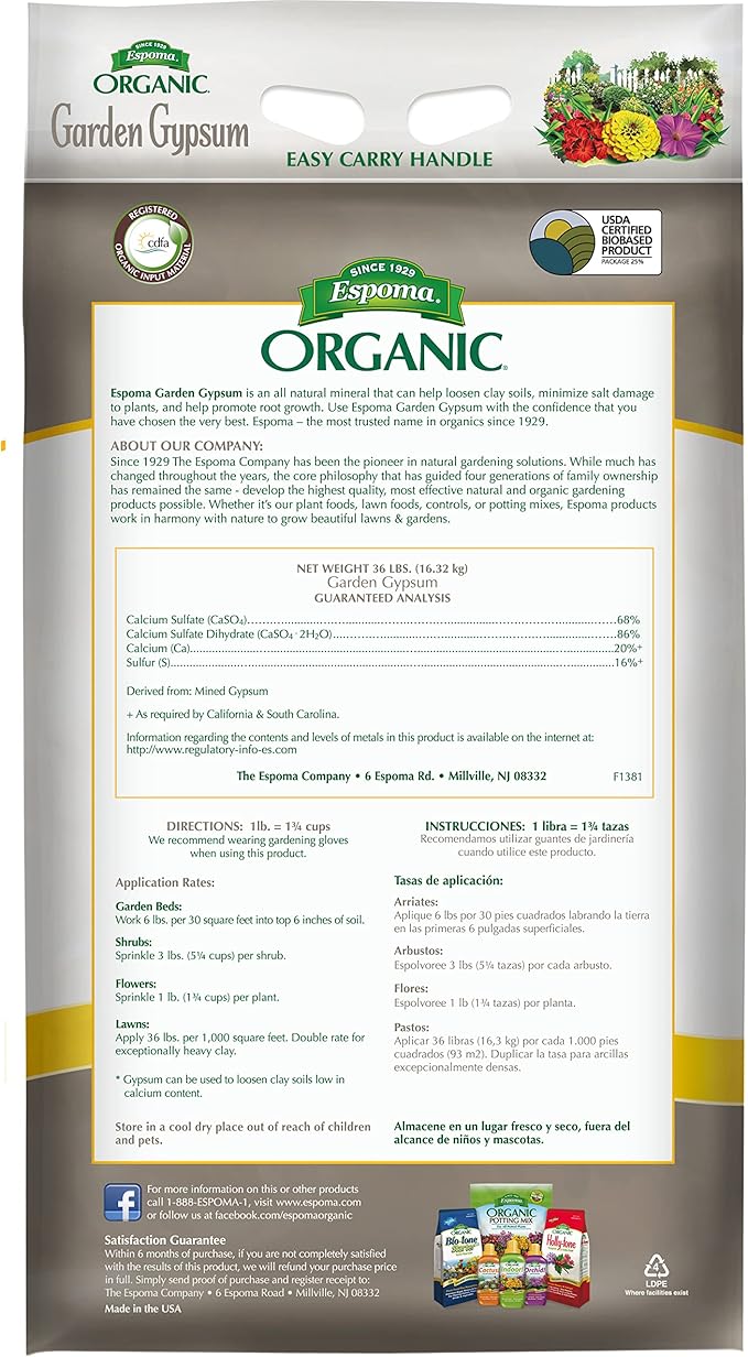Espoma Organic Garden Gypsum Soil Conditioner All-Natural &amp pelletized mined Gypsum with no fillers or additives. Helps Loosen Clay Soil 36 lb. Bag Pack of one
