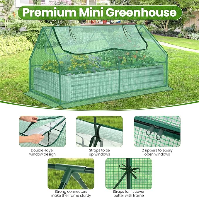 Suyncll 6x3x1FT Galvanized Raised Garden Bed with Cover Metal Planter Box Kit w/ 2 Roll-Up Large Zipper Windows Mini Greenhouse for Outdoor Growing Vegetables with 1 Pair of Gloves