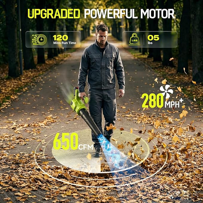 Leaf Blower Cordless Upgraded 650 CFM 280 MPH 21V Electric Cordless Leaf Blower with 2 x 4.0Ah Batteries and Charger Battery Powered for Lawn Yard and Patio