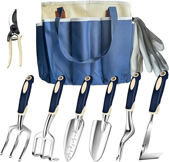 Garden Tool Set 9-Piece Heavy-Duty Gardening Tool Set with Stylish Tool Bag Multiple Storage Pockets Durable Garden and Weeding Tools for Men and Women for Gardening Enthusiasts