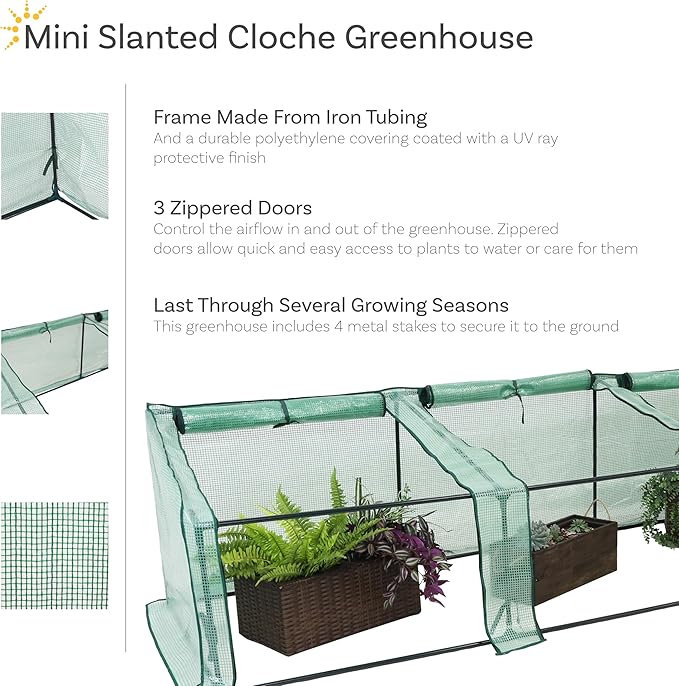 Sunnydaze Outdoor Portable Mini Cloche Greenhouse with 3 Zipper Doors and Slanted Top - Green
