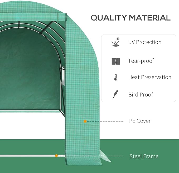 Outsunny 15' x 7' x 6.5' Walk-in Tunnel Hoop Greenhouse Green House for Outside with PE Cover Steel Frame Roll-Up Zipper Door &amp Windows for Flowers Vegetables Tropical Plants Green