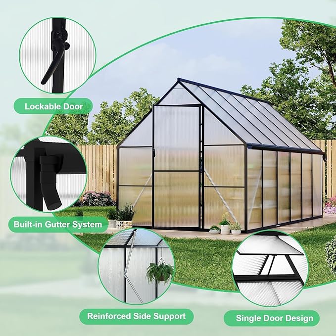 Greenhouse 8x12 FT Aluminum-Framed Heavy Duty Polycarbonate with Quick Setup Structure and Roof Vent Large Enhanced Outdoors Green House Kit