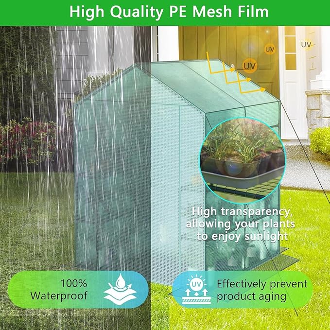 Greenhouse 57 x 57 x 76'' Greenhouses Plant Tent for Outdoors Durable Grow Kit with Window Thicken PE Cover 3 Tiers 8 Shelves Heavy Duty Walk in Green Houses for Indoor Backyard Outside