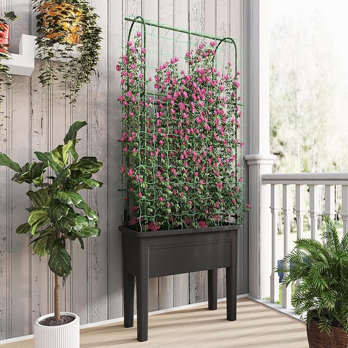 HAPPYGRILL 4-in-1 Raised Garden Bed with Climbing Trellis Self-Watering Elevated Planter with Water Level Indicator Drainage Hole Outdoor Plastic Planter Box with 4 Detachable Legs for Garden Lawn