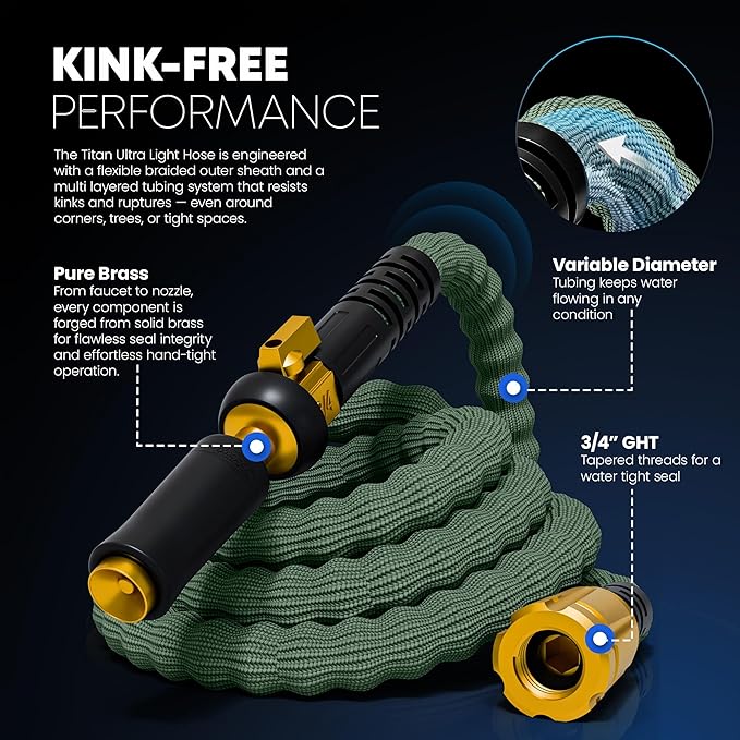 TITAN Flexible Garden Hose 65FT – Ultra Lightweight Heavy Duty Water Hose with Brass Fittings &amp Jet Nozzle – Kink-Free Non-Expanding Durable Fabric Hose for Yard Lawn Car Wash Outdoor Use