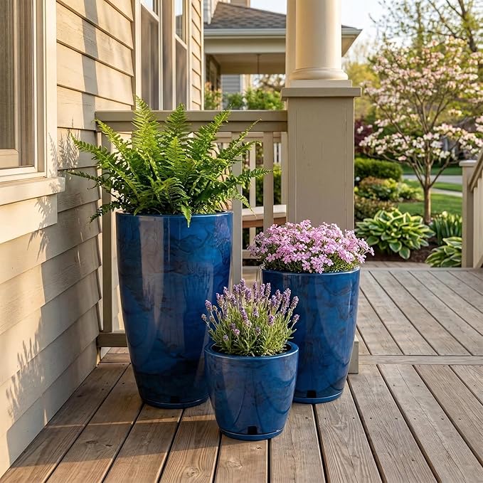 Floridis Planter Set of 3 Outdoor/Indoor Plastic Resin (Blue - Marble Effect)