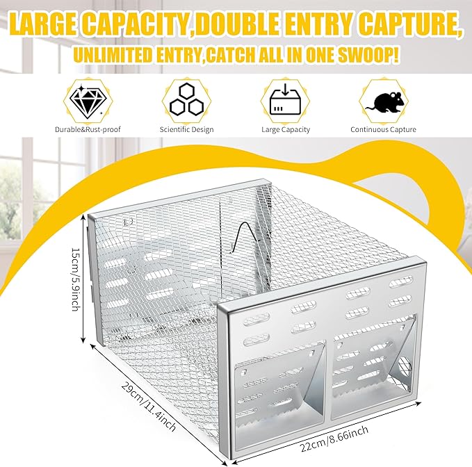 Humane Rodent Trap for Indoor &amp Outdoor Use - Automatic Multi-Catch Metal Cage with Double One-Way Doors Reusable Safe Trap for Mice Chipmunks &amp Small Animals (Grey)