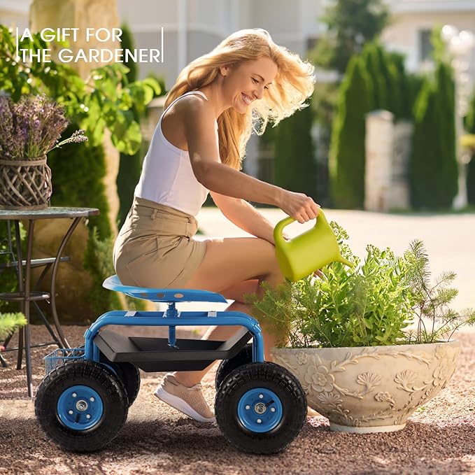 Rolling Garden Cart with Workseat - Heavy Duty Scooter with Handle and Storage Gardening Stool 360 Degree Swivel Seat for Seniors Garden Cart on WheelBlue
