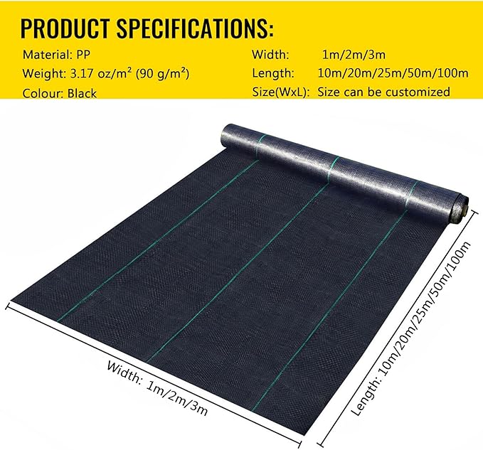 Weed Barrier Control MembraneLandscape Fabric Heavy-DutyGround Cover Breathable Geotextile (90gsm)Water Permeable and Tearproof Gardening Mat for Flower Bed Vegetable Black ( Battery *1 : 1.5X5m )