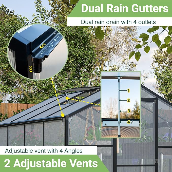 6x8 FT Walk-in Greenhouse Kit with Polycarbonate Panels &amp Aluminum Frame Green Houses for Outside with 2 Vents Greenhouses for Outdoors with Lockable Door Backyard Discovery Greenhouse (Black)