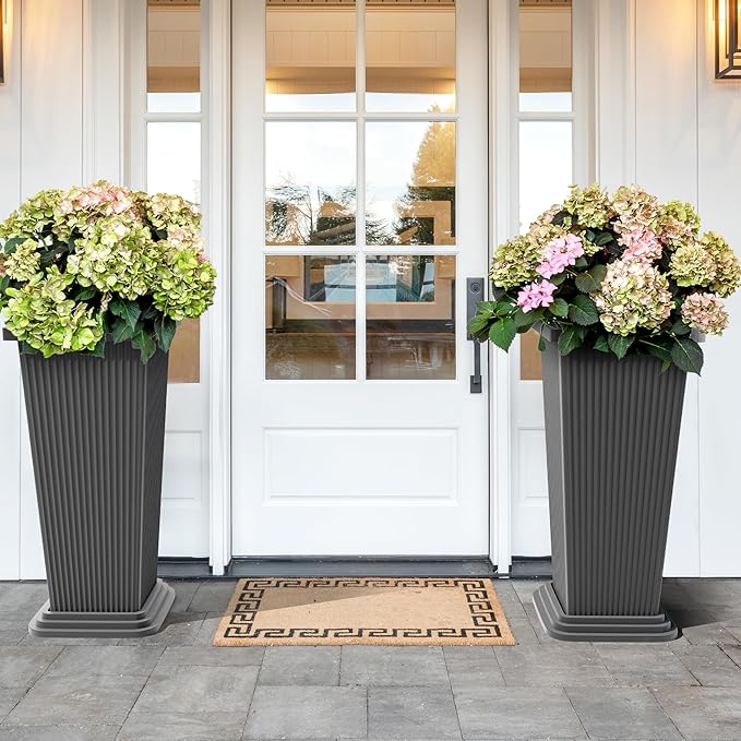 Set of 2 Tall Planters 24 Large Indoor Outdoor Flower Pots with Tray Modern Tapered Planters for Porch Patio Garden Backyard