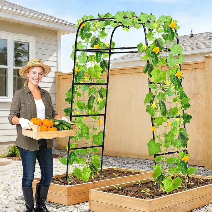 7ft Garden Arch Trellis for Climbing Plants Outdoor-Heavy Duty Metal Cucumber Trellis for Raised Beds- Tall Steel Vegetable Arbor for Climbing Vine Fruit Flower Yard Lawn Arch Tunnel Trellis