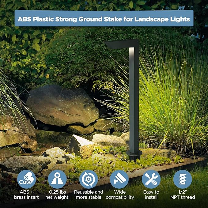 Gardencoin ABS Ground Spikes Stakes Replacement with Brass Insert 1/2 NPT Thread Side Wire Way Larger Size 9.44'' x 2.95'' for Landscape Path Lighting Spotlight Floodlight 10 Pack