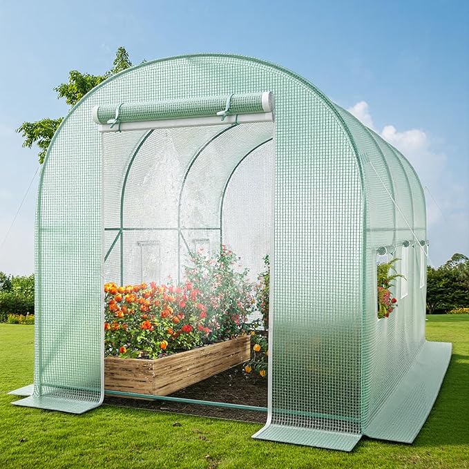 10x7x7 Walk-in Greenhouse with Watering System Heavy Duty Green House for Outdoors Portable Green Houses for Outside Winter Hot House with Metal Frame &amp Roll-up Zipper Door Screen Windows