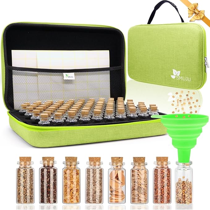 【80 Slots】 Seed Storage Organizer Sturdy Organizer Box with Dual Zipper Bag and 84Pcs Label Stickers Glass Seed Storage Container for Flower Vegetable Plants Garden Seeds Saving Green