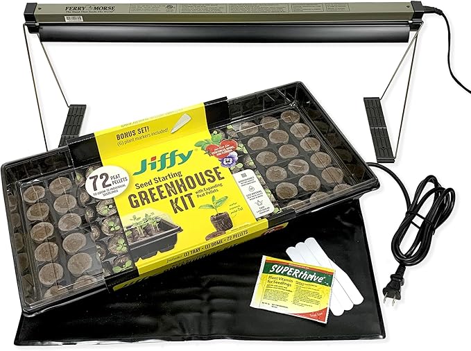 Ferry Morse Your Complete Indoor Seed Starting Kit Including Heat Mat T5 Grow Light Fixture and 72 Cell 36mm Pellet Seed Starter Greenhouse Kit