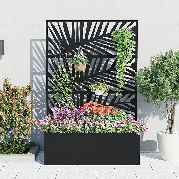 Large Metal Raised Garden Bed Planter Box with Trellis – Deep 15.8 for Climbing Plants Vegetables Privacy Screen Drainage Holes Modern Outdoor – 118x40x180cm Palm Leaf Design