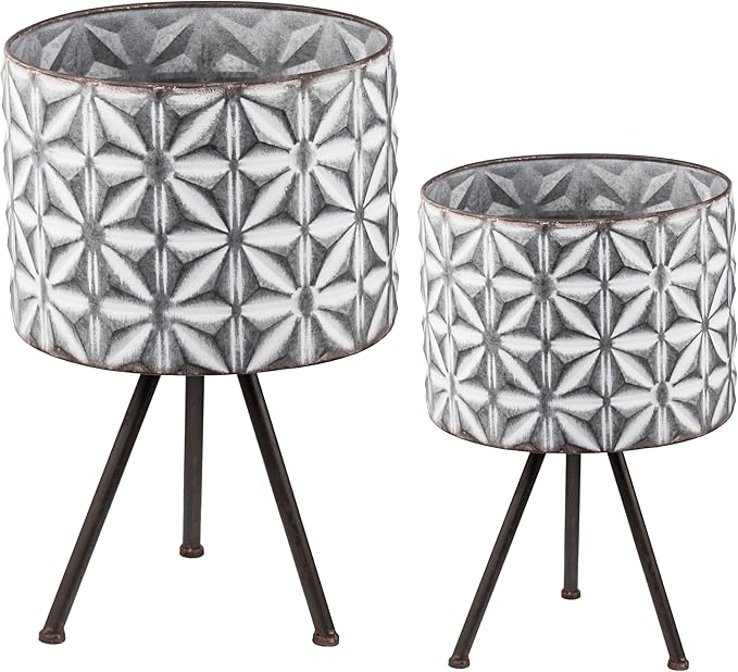 Set of 2 Metal Planter StandRound Galvanized Grey Planter