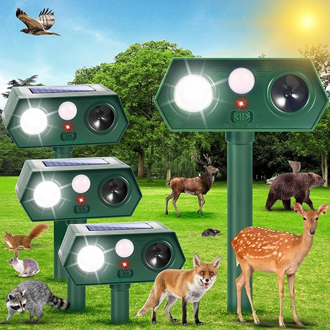 4 Pack Ultrasonic Solar Animal Repellent Cat Deterrent OutdoorDeer Repellent with Motion Sensor Strobe LightWaterproof Animal Repeller for Raccoon Squirrel Rabbit Dog SkunkYard Garden Protection