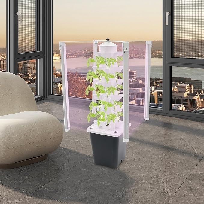 Hydroponic Tower Garden Kit 30 Planting Sites 6-Tier Vertical Hydroponic Growing System with LED Grow Light Water Tank Automatic Irrigation System Vegetable Herb Strawberry Planter for Home Office