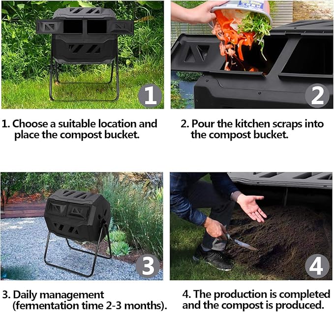 JupiterForce 43 Gallon Compost Bin Outdoor Dual Chamber Composter Tumbler 360° Rotating Tumbling Composter with 2 Sliding Doors for Kitchen Garden and Yard Waste Black (BPA Free)